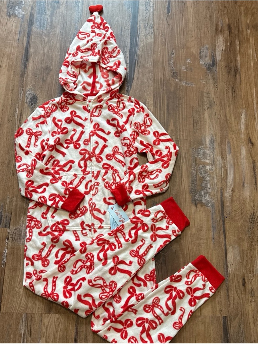 Cat & Jack Cream and Red Hooded Fleece Pajama Set with Candy Bow Print